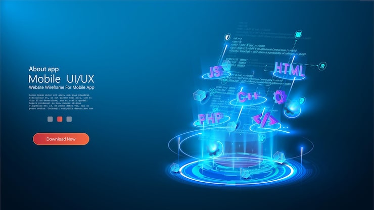 Vector program code and programming languages on blue glowing background abstract technological experience of software developer and a computer script page template on topic of programming and development