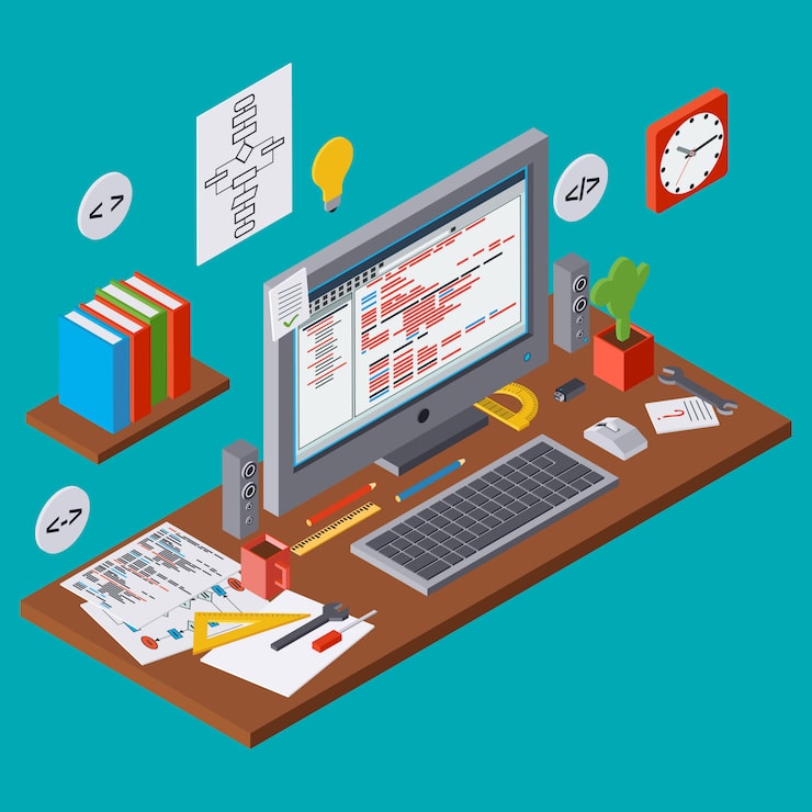 Vector program coding, seo algorithm improvement, application development, web programming flat 3d isometric vector concept