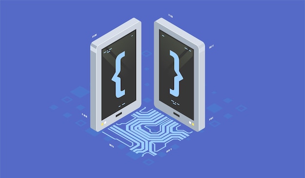 program development and programming isometric icon, artificial intelligence automated process big data processing.