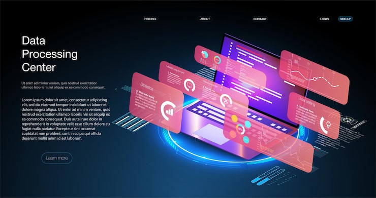 Vector program development and programming isometric icon, database, cloud computing,laptop connection concept. big data digital background.network digital technology concept.big data flow processing concept