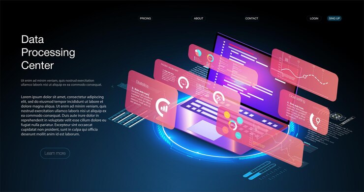 Vector program development and programming isometric icon, database, cloud computing,laptop connection concept. big data digital background.network digital technology concept.big data flow processing concept