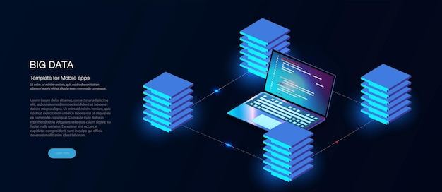 Programma-ontwikkeling en programmering isometrisch pictogram, database, cloud computing, laptop verbindingsconcept. big data digitale achtergrond. netwerk digitale technologie concept. big data flow processing concept