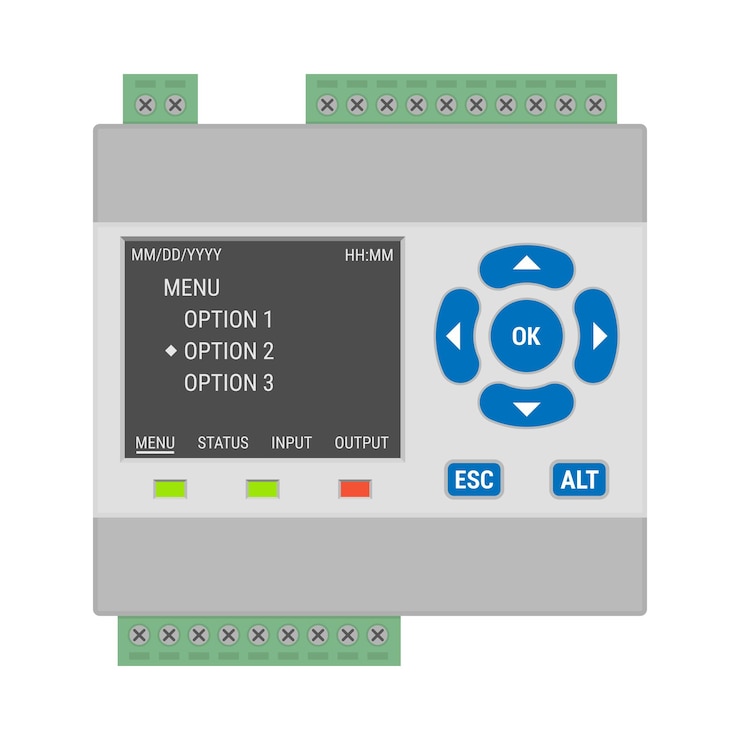 Vector programmable logic controller with a display and blue control buttons