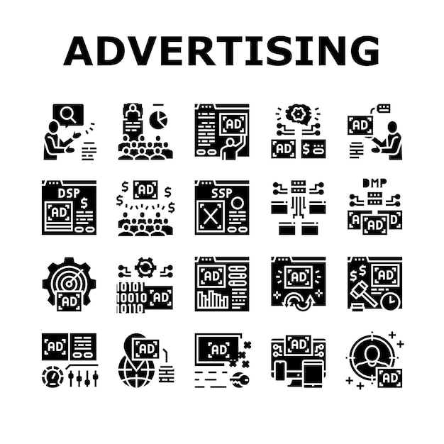 Programmatic advertising service icons set vector