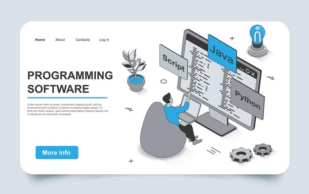 Programmeerconcept in 3D isometrisch ontwerp van bestemmingspagina's Ontwikkelaar werkt met codecodering