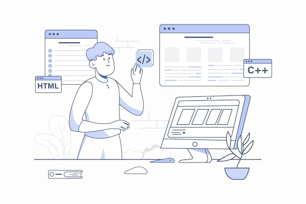 Programmeersoftware lijnconcept met mensenscène in het platte cartoonontwerp