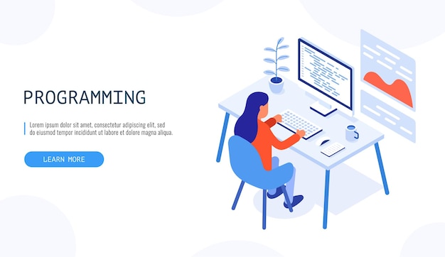 ベクトル 仕事中のプログラマー。デスクトップコンピュータで働く女性。プログラミングの概念。