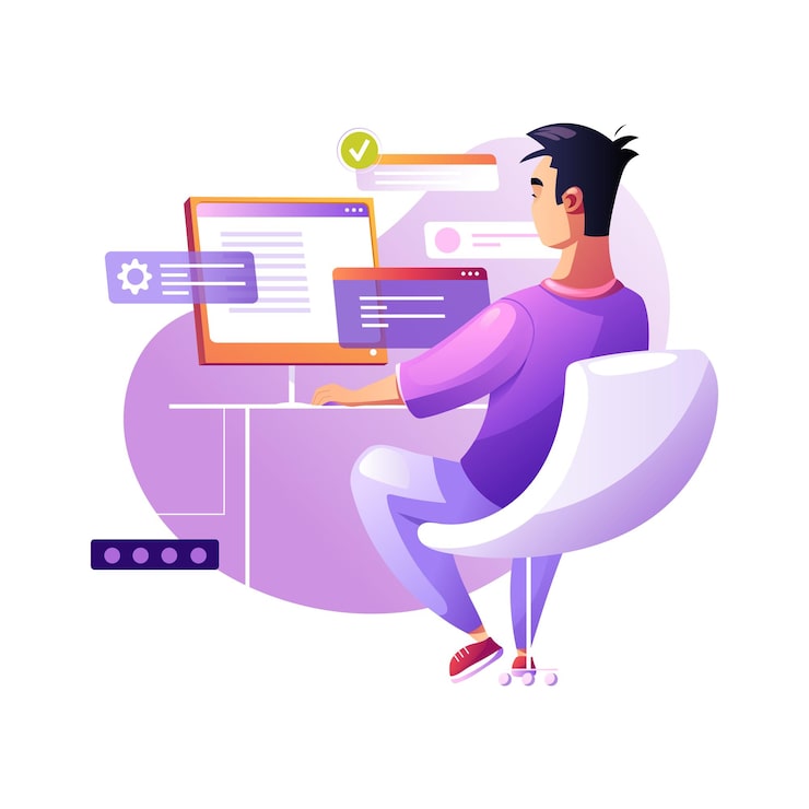 Vector programmer coder concentrated at working project developing programming and coding technologies