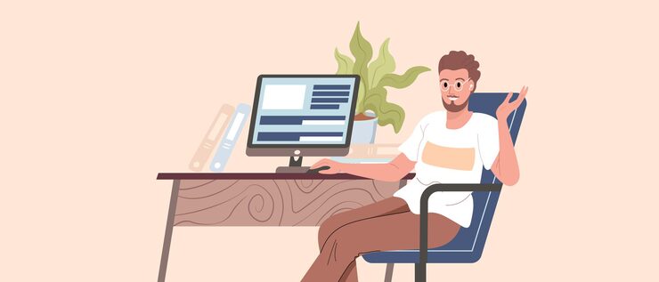 Vector programmer, coder, web developer or software engineer sitting at desk and working on computer or programming. young guy works from home vector