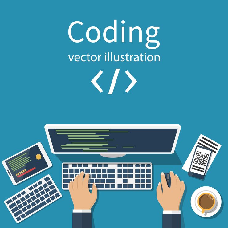 Vector programmer coder in the workplace sitting at a computer software coding programming languages testing debugging web site design search engine