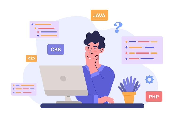 Vector programmer coding concept a man is sitting at a computer and composing a code for a future site the