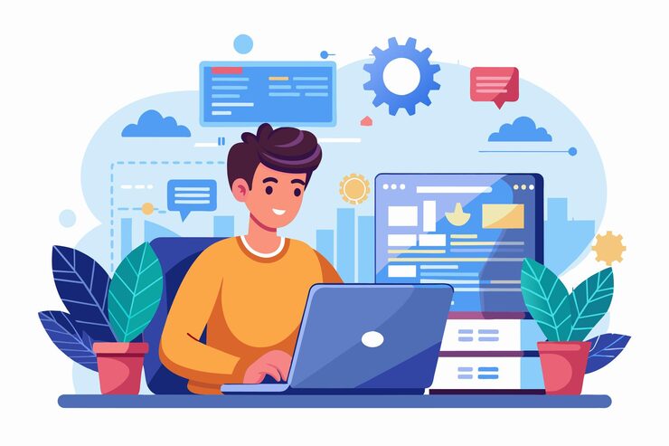 Vector programmer coding on laptop in a productive workspace with plants and data visuals nearby programmer using laptop for coding and analyzing big data in software development flat illustration