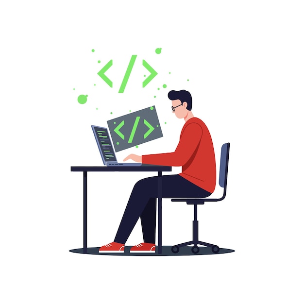 programmer coding software development with laptop and floating code symbols in workspace