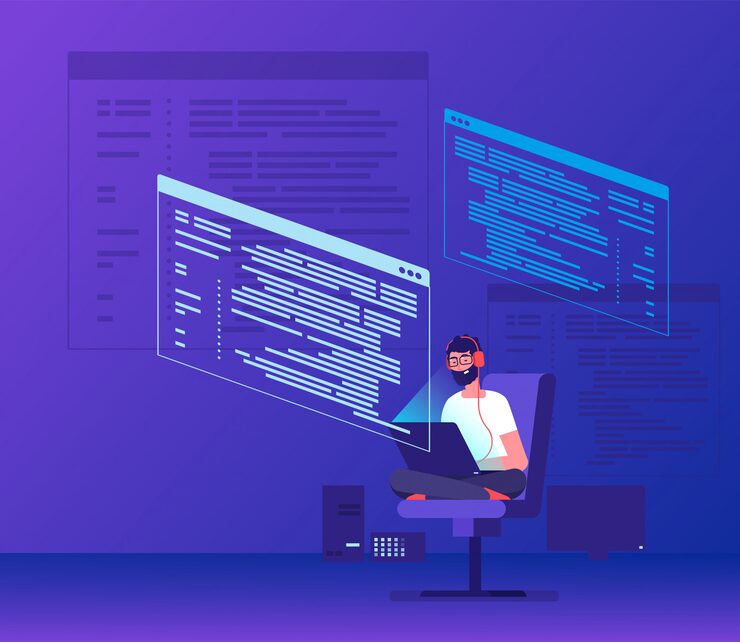 Vector programmer coding. young man freelancer working on program code with laptop. geek coding software vector concept