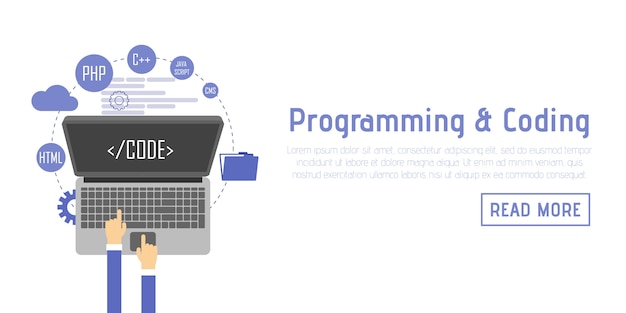 Programmer at computer desk working on program. Software concept. Vector illustration flat design. Man working at desktop comput