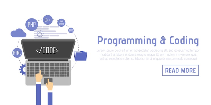 Vector programmer at computer desk working on program. software concept. vector illustration flat design. man working at desktop comput