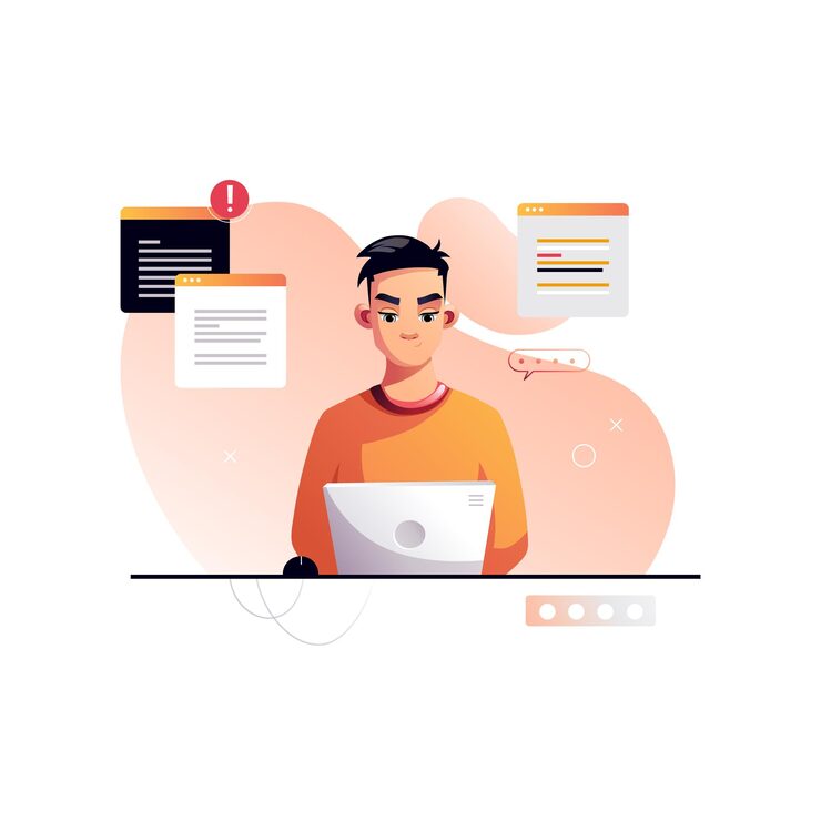 Vector programmer concentrated at working project developing programming and coding technologies