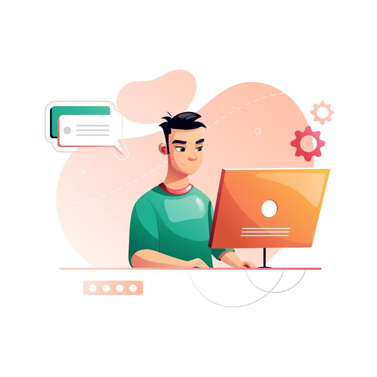 Vector programmer concentrated at working project developing programming and coding technologies