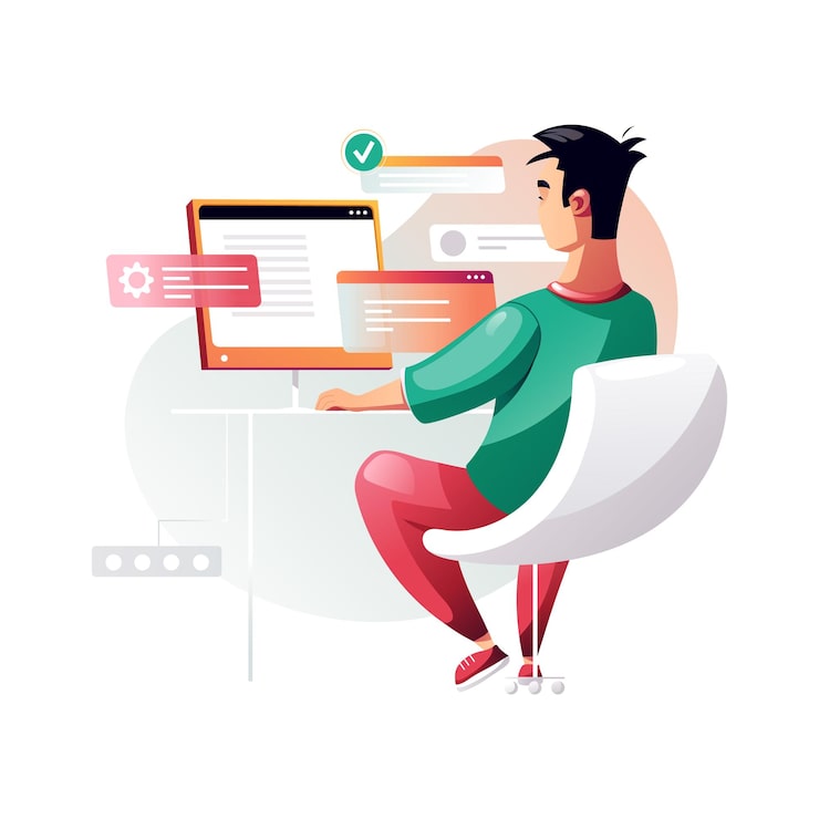 Vector programmer concentrated at working project developing programming and coding technologies