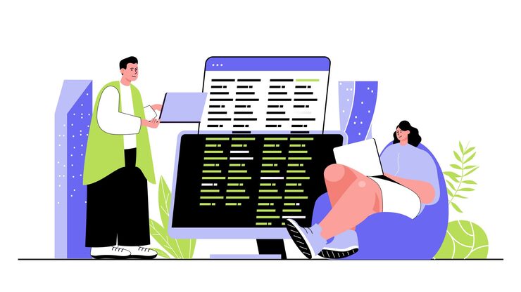 Vector programmer concept for modern web design people developers creating code developing programs and software testing applications on screens flat vector illustration isolated on white background