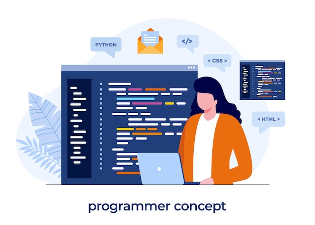 プログラマーの概念、web開発。プログラミング言語。 css、html、it、ui。ウェブサイトの開発、コーディング。フラットイラストバナー