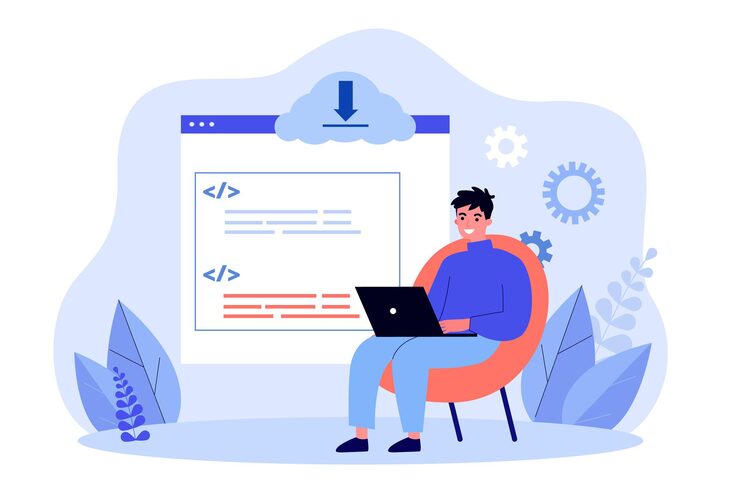 Vector programmer or developer with laptop creating app or website. system update, coding or programming flat vector illustration. technology, software development concept for banner or landing web page
