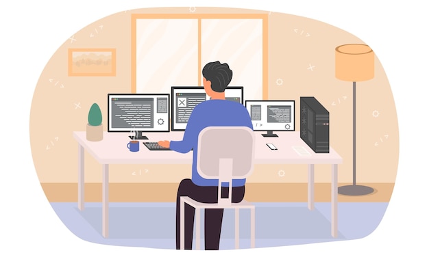 Vector programmer engaged in computer programming seated at a desk in a rear view showing screens coding