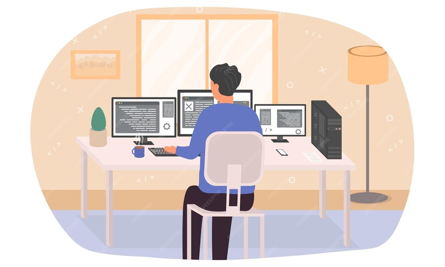 Premium Vector | Programmer engaged in computer programming seated at a ...