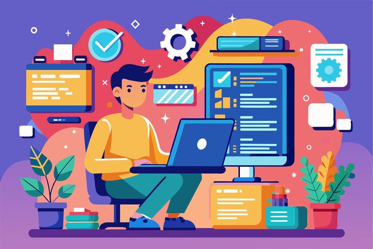 Vector 程序员在充满活力的工作空间中进行编码和测试,周围有工具和工厂. 程序员的概念是使用设备编码,测试和编写程序的想法.