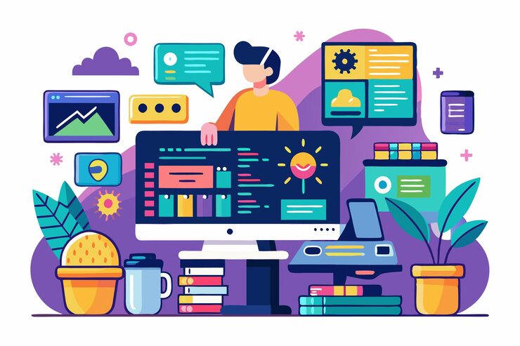 ਵੈਕਟਰ isang programmer ang nakikibahagi sa pag-customize ng isang makulay na digital workspace na puno ng mga elemento ng coding at mga halaman. programming customizable disproportionate illustration