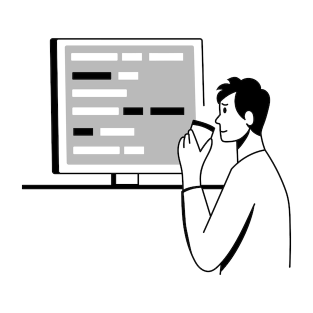 Programmer enjoying coffee while working on computer code