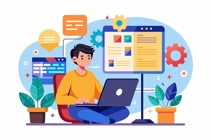 Vector a programmer focused on coding and testing software using a laptop in a vibrant workspace with plants programmer using device to code test and write programs in flat illustration
