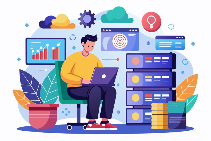 Vector a programmer focuses on big data management using a laptop while surrounded by databases and charts programmer maintains big data and manages databases using flat illustrations