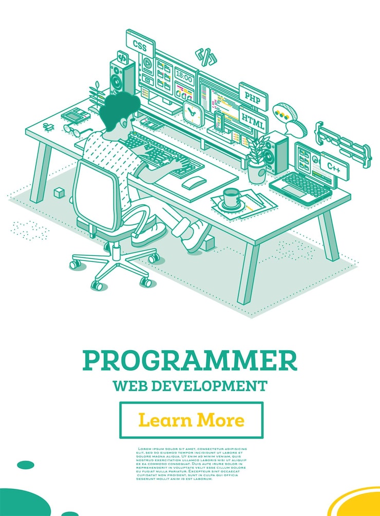 Vector programmer frontend or backend developer sit on chair with wheels in front of two monitors with code html css php c programming code creating a web layout or app template ui ux interface