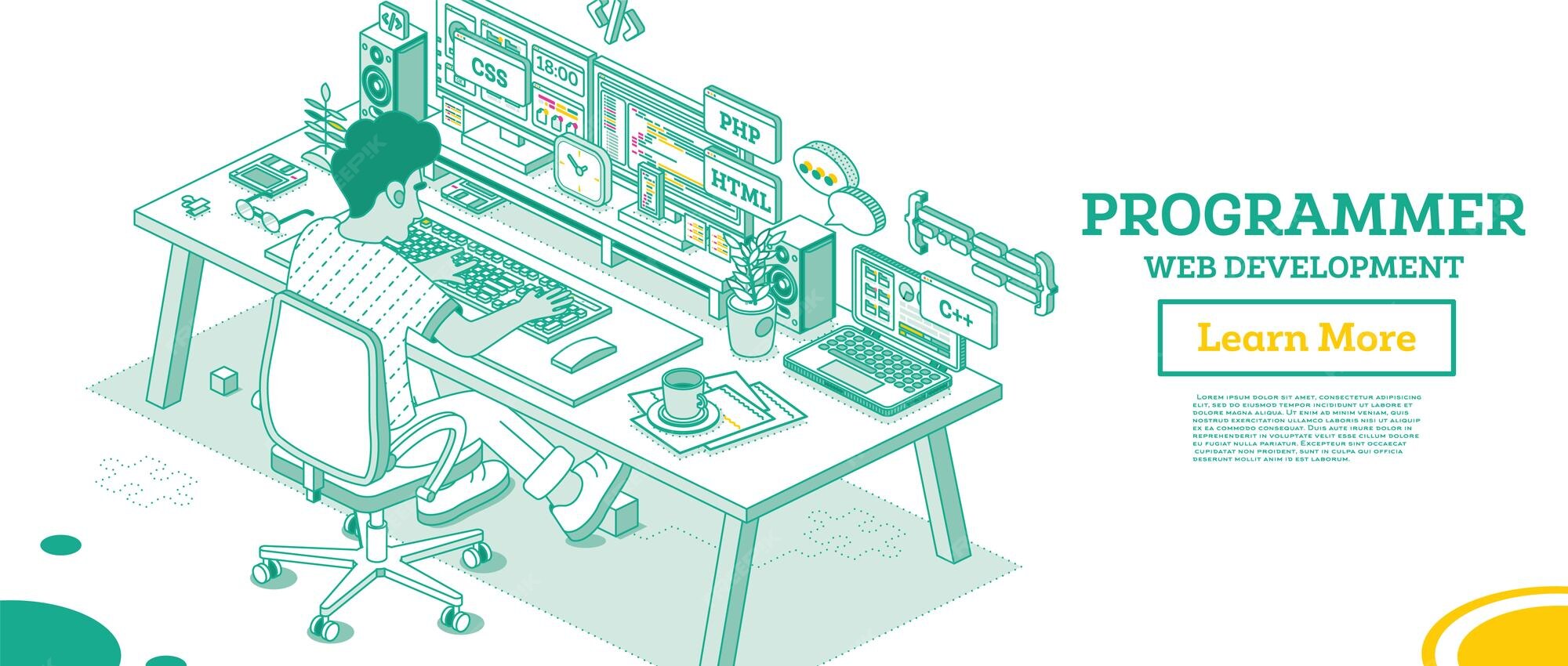 Premium Vector | Programmer frontend or backend developer sit on chair ...