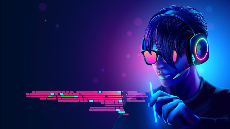Vector programmer in headset coding programm text in vr interface software developer of computer code code in programming environment futuristic computer technology concept man work in glasses headset
