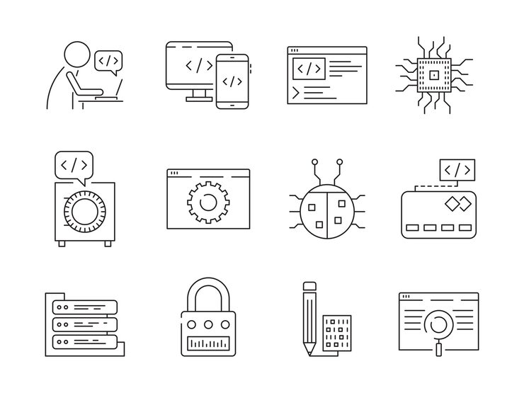 Vector programmer icon. coder web dev worker bug fixes nodes qa system testing engineering vector thin line symbols