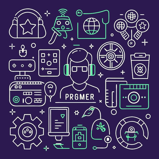 programmer icon set in line style depicting web development programming languages design and coding