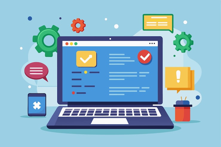 Vector 프로그래머는 인터페이스 요소와 알림으로 둘러싸인 노트북에서 소프트웨어 문제를 해결하고 노트북의 소프트웨어 문제를 프로그래밍합니다.