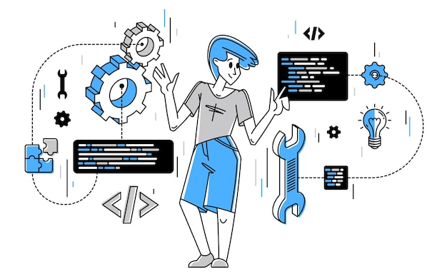 Programmer is coding and repairing some machine system vector outline illustration computer engineer doing his job sysadmin and coder