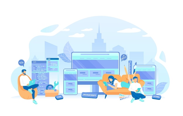 프로그래머는 모니터 스크린, 태블릿, 전화 프론트엔드에서 웹 사이트 UI UX 인터페이스를 개발하고 있습니다.