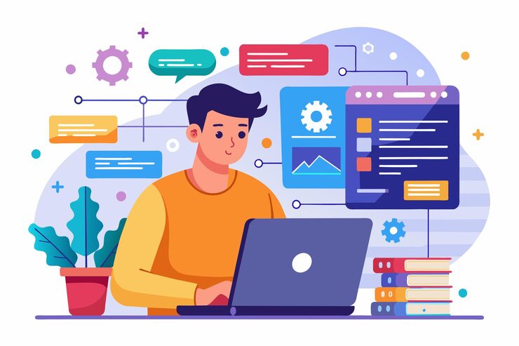 Vector a programmer is focused on coding and analyzing data on a laptop surrounded by plants and books programmer using laptop for coding and analyzing big data in software development flat illustration