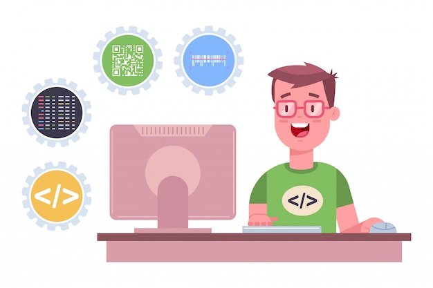 Vector programmer is working on the software. cartoon flat illustration of a freelance web developer with computer isolated