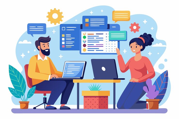 Vector a programmer and it specialist discuss coding strategies while seated at their workstations surrounded by plants programmer and it specialist writes code for website page