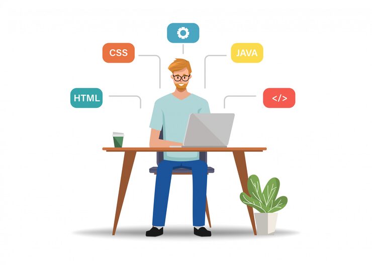 Vector programmer job character with a laptop. development application with coding process.