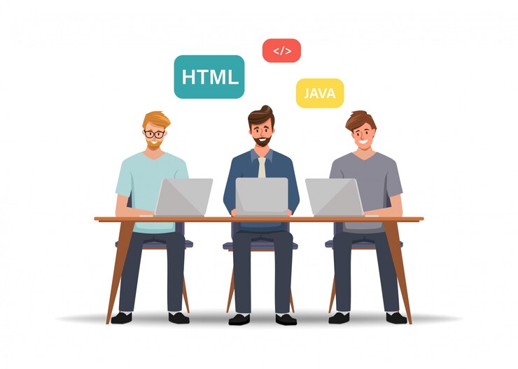 Vector programmer job character with a laptop. development application with coding process.