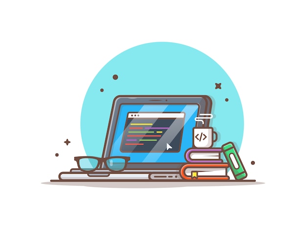 Programmer laptop with coffee, books and glasses illustration