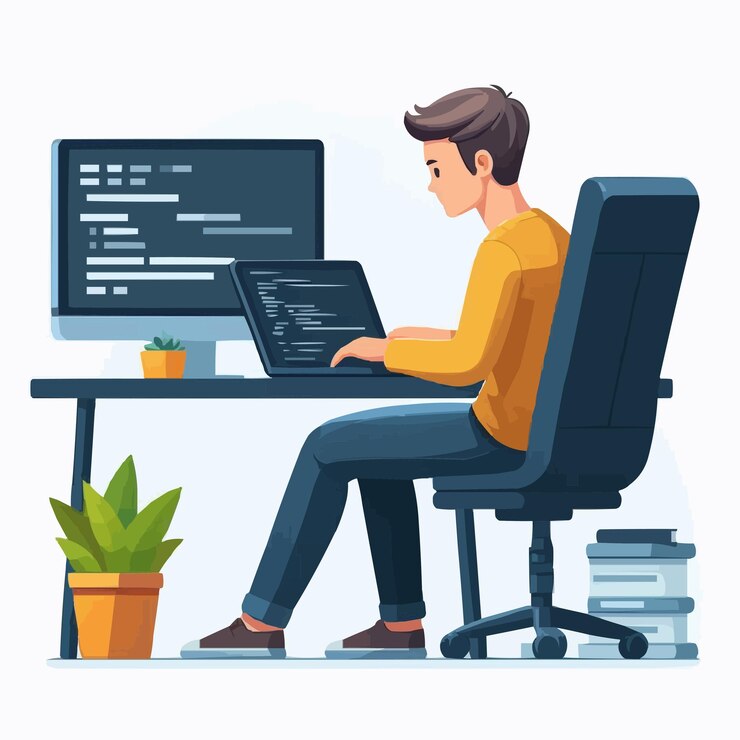 Vector programmer man is working with laptop at seat