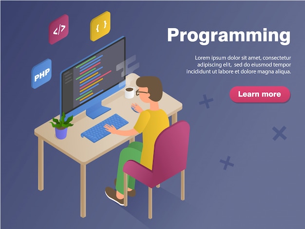 programmer man at work concept banner. flat isometric vector illustration