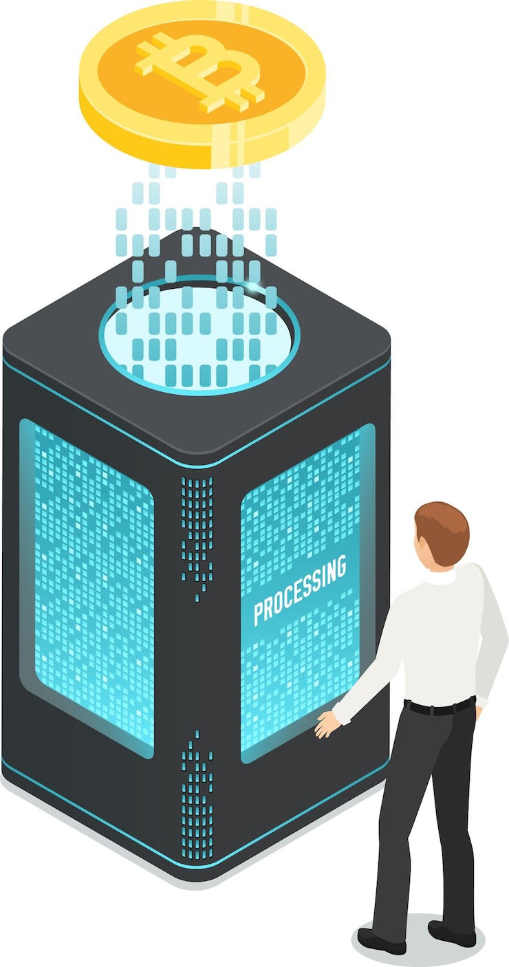 Vector programmer managing cryptocurrency mining on a powerful server tower with digital coin processing data isometric vector illustration of blockchain technology and fintech concept